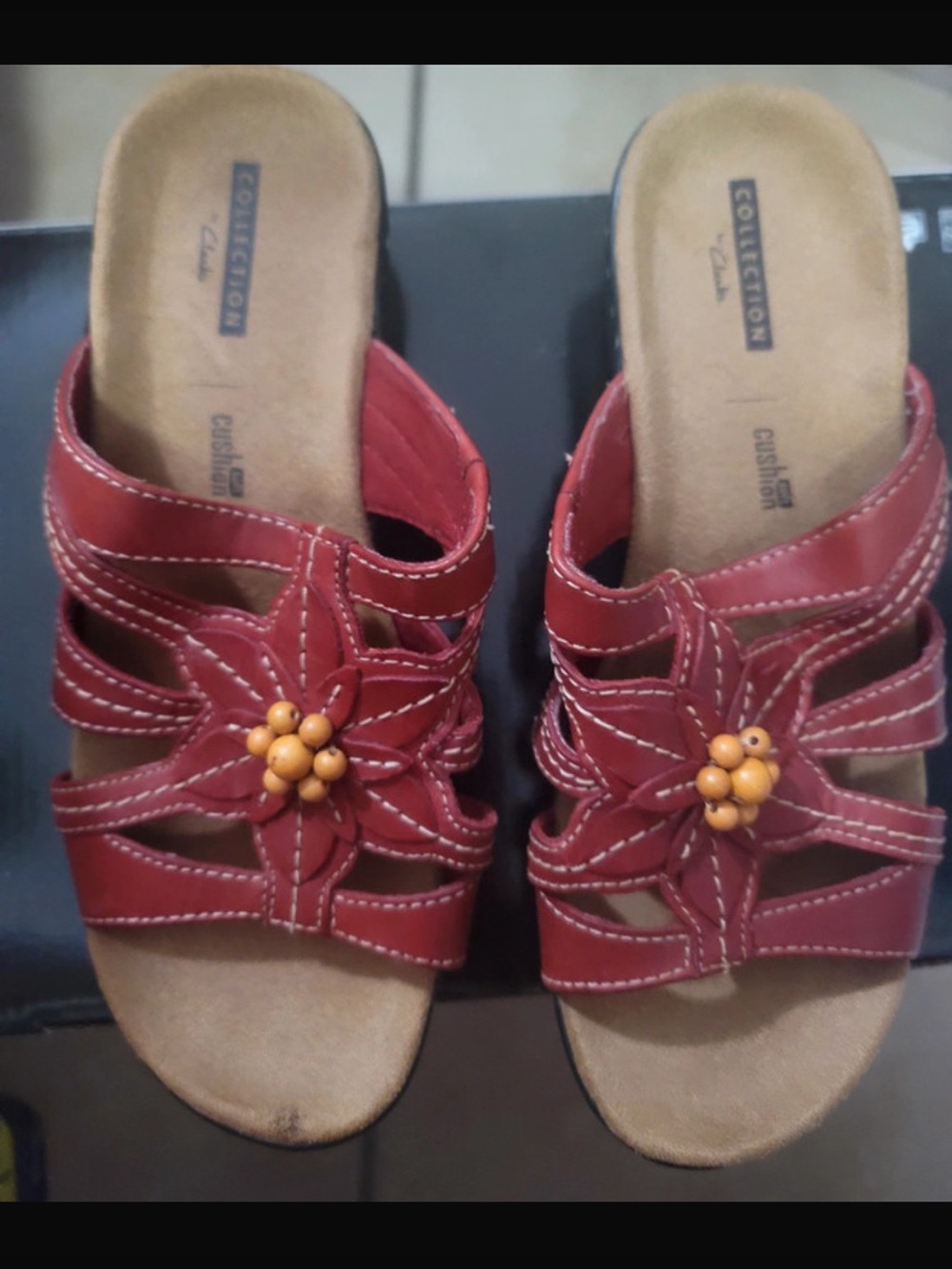 Clarks Comfort Red Floral Slip-On Sandals